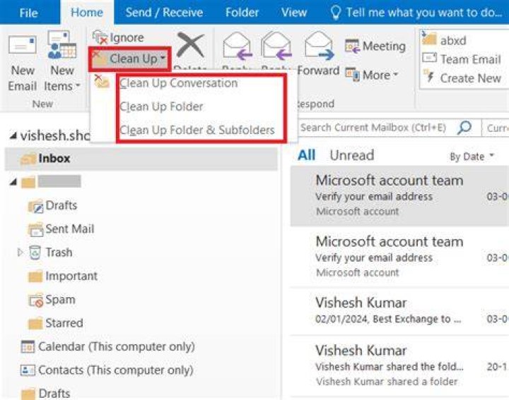 How do I clean up Outlook Inbox quickly?