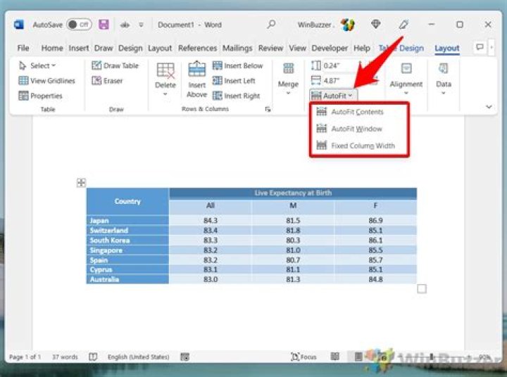 Which is one of the three option in the AutoFit dropdown menu?